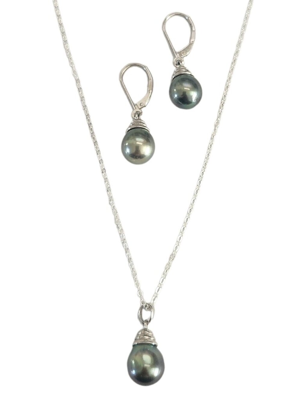 Black Pearl 14K White Gold Pendant Necklace & Earrings Set 9-10mm